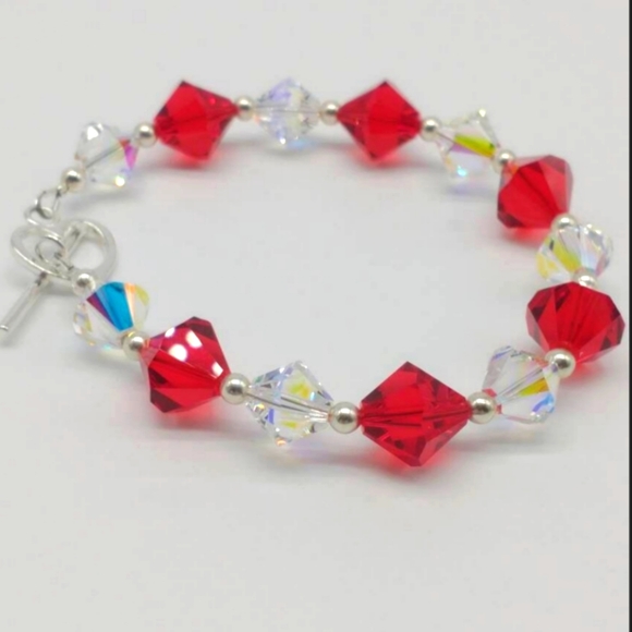 Sterling Silver Swarovski Crystal Red White Toggle Bracelet - Picture 1 of 5